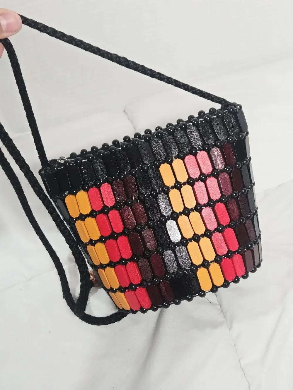 BOHO African Wooden Bead Black Bucket Shoulder Bag Indie Retro Coastal Rasta
